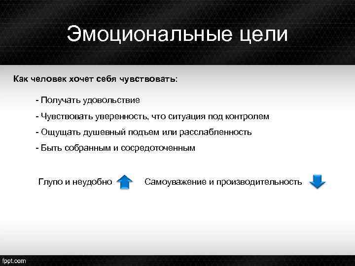 Эмоциональные цели Как человек хочет себя чувствовать: - Получать удовольствие - Чувствовать уверенность, что