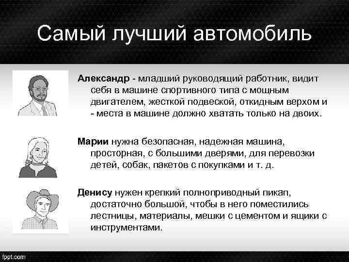 Самый лучший автомобиль Александр - младший руководящий работник, видит себя в машине спортивного типа