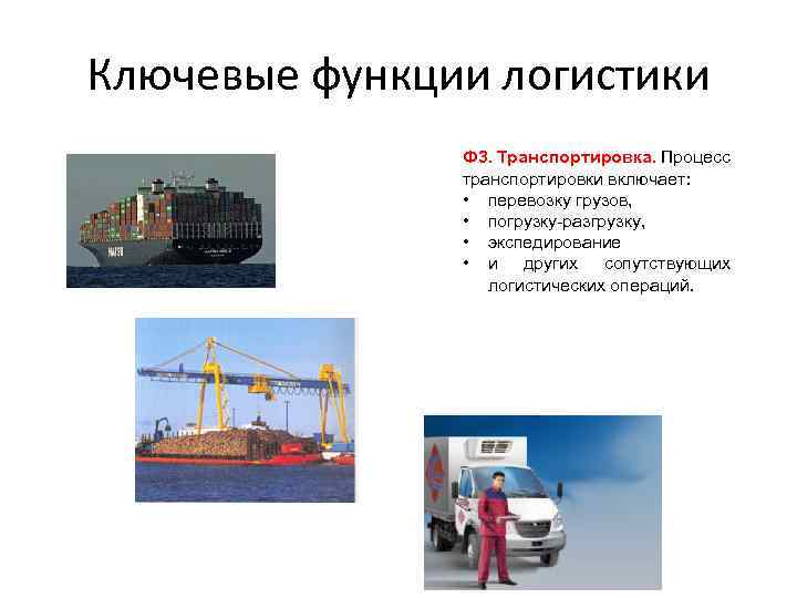 Ключевые функции логистики Ф 3. Транспортировка. Процесс транспортировки включает: • перевозку грузов, • погрузку