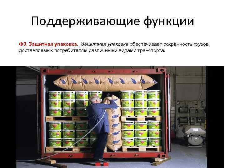 Поддерживающие функции Ф 3. Защитная упаковка обеспечивает сохранность грузов, доставляемых потребителям различными видами транспорта.