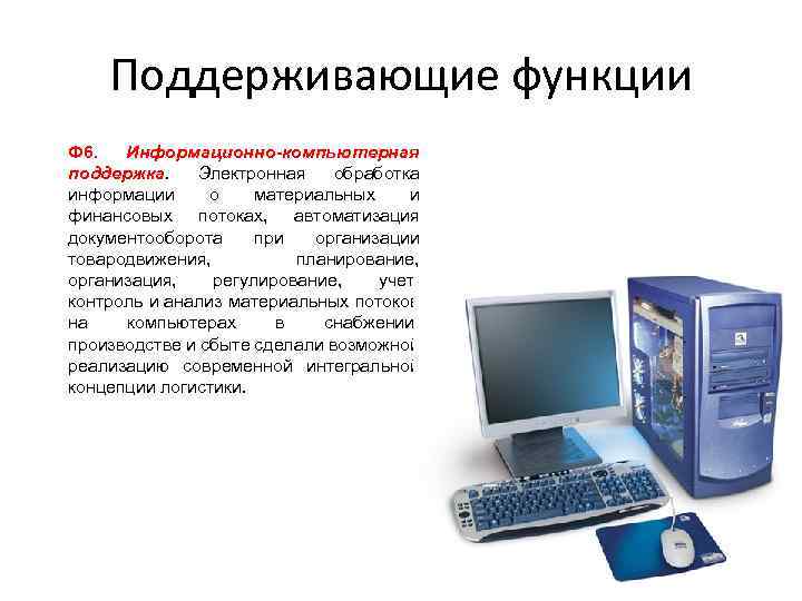 Поддерживающие функции Ф 6. Информационно-компьютерная поддержка. Электронная обработка информации о материальных и финансовых потоках,