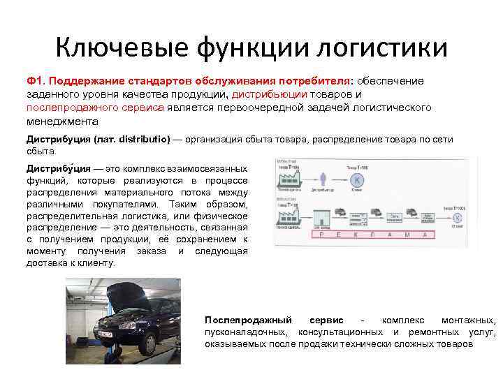 Ключевые функции логистики Ф 1. Поддержание стандартов обслуживания потребителя: обеспечение заданного уровня качества продукции,