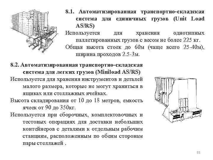 8. 1. Автоматизированная транспортно-складская система для единичных грузов (Unit Load AS/RS) Используется для хранения