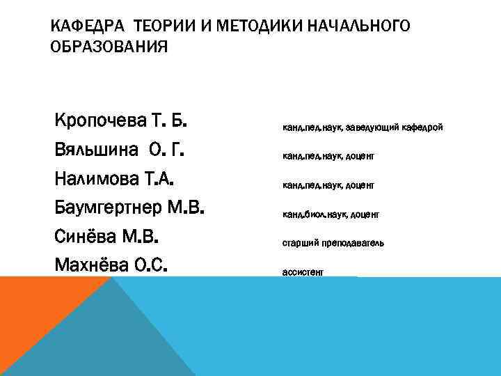 КАФЕДРА ТЕОРИИ И МЕТОДИКИ НАЧАЛЬНОГО ОБРАЗОВАНИЯ Кропочева Т. Б. Вяльшина О. Г. Налимова Т.