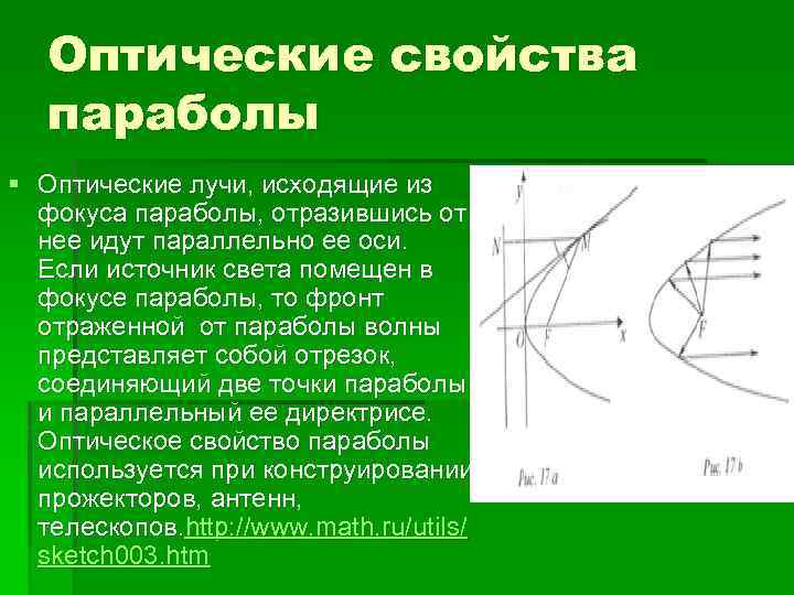 Чему равен параметр параболы. Оптическое свойство параболы. Фокус параболы. Свойства параболы. Свойства фокуса параболы.