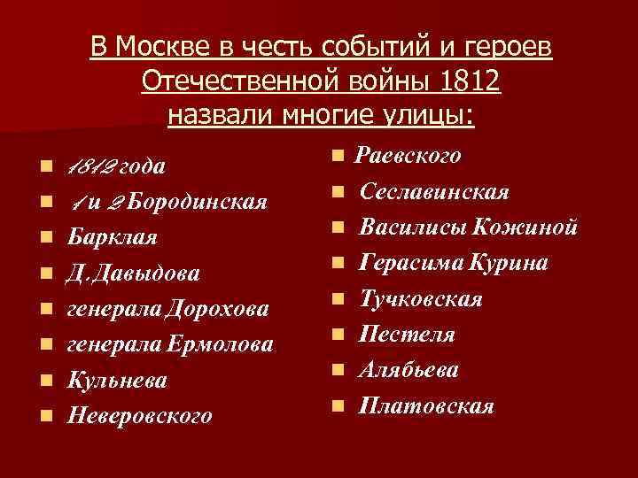 В Москве в честь событий и героев Отечественной войны 1812 назвали многие улицы: n