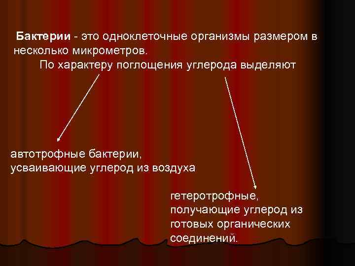 Бактерии - это одноклеточные организмы размером в несколько микрометров. По характеру поглощения углерода выделяют