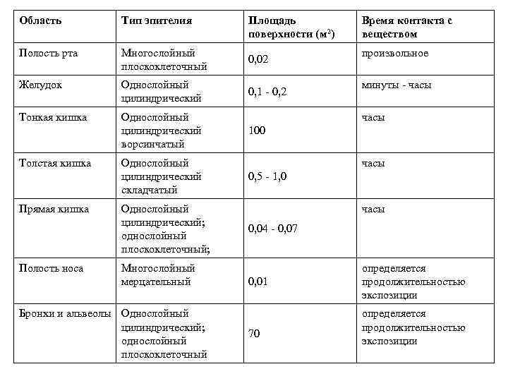 Область Тип эпителия Полость рта Многослойный плоскоклеточный 0, 02 Желудок Однослойный цилиндрический 0, 1