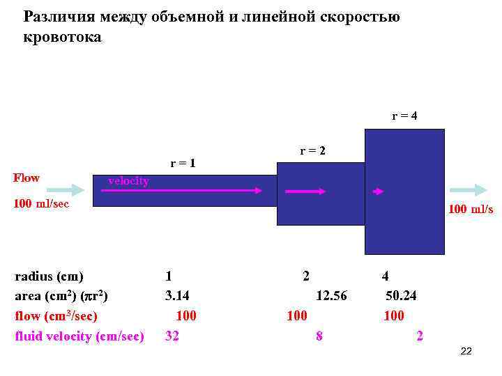 Различия между объемной и линейной скоростью кровотока r=4 r=1 Flow r=2 velocity 100 ml/sec