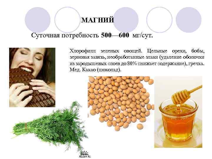 МАГНИЙ Суточная потребность 500— 600 мг/сут. Хлорофилл зеленых овощей. Цельные орехи, бобы, зерновая завязь,
