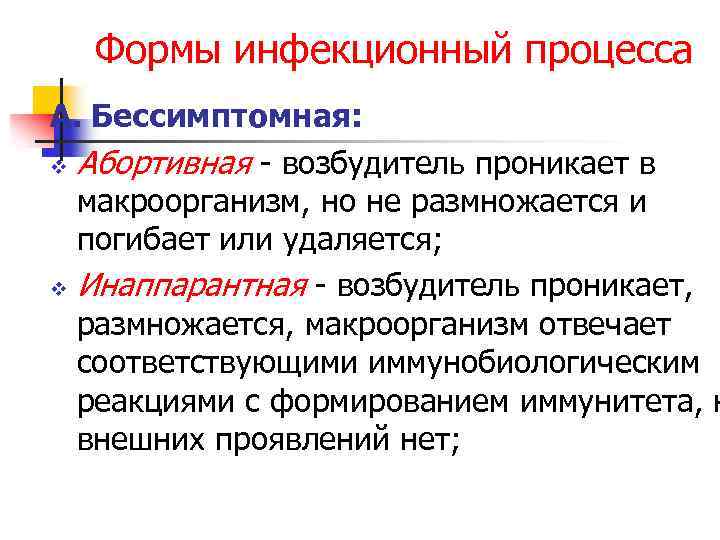 Формы инфекционный процесса А. Бессимптомная: v Абортивная - возбудитель проникает в макроорганизм, но не