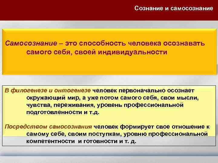 Сознание и самосознание Самосознание – это способность человека осознавать самого себя, своей индивидуальности В