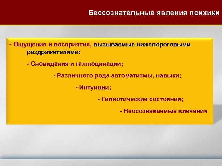 Явления психики. Бессознательные явления психики. Проявление бессознательного. Неосознаваемые явления в психике. Типы бессознательных явлений.