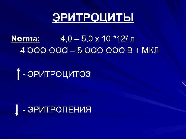 ЭРИТРОЦИТЫ Norma: 4, 0 – 5, 0 х 10 *12/ л 4 ООО –