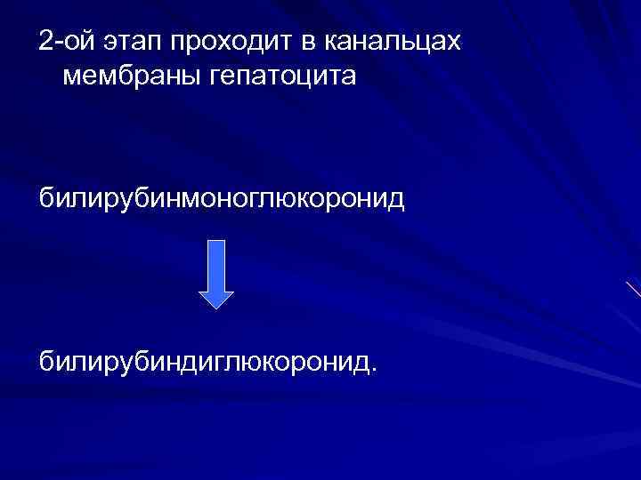 2 -ой этап проходит в канальцах мембраны гепатоцита билирубинмоноглюкоронид билирубиндиглюкоронид. 