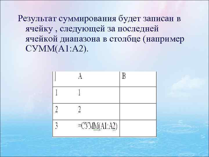 Результат суммирования будет записан в ячейку , следующей за последней ячейкой диапазона в столбце