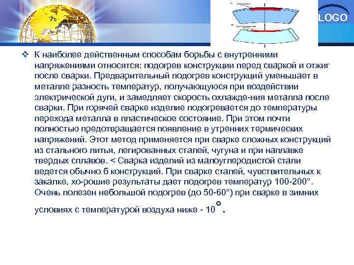 LOGO v К наиболее действенным способам борьбы с внутренними напряжениями относятся: подогрев конструкции перед
