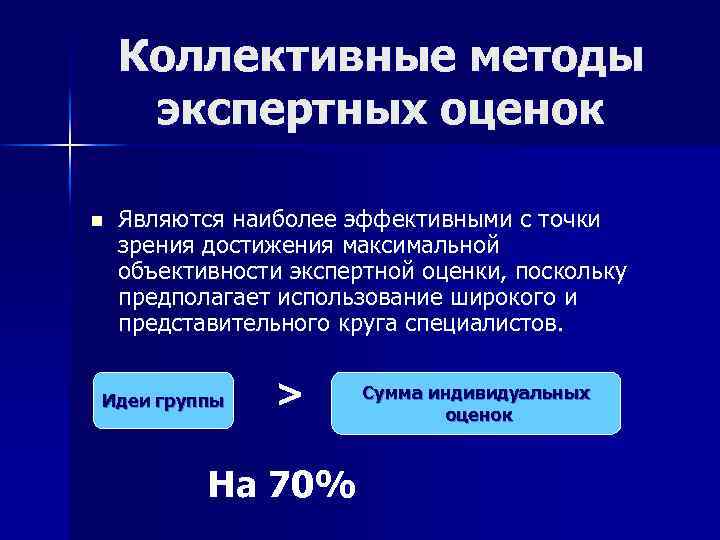 Коллективные методы экспертных оценок n Являются наиболее эффективными с точки зрения достижения максимальной объективности