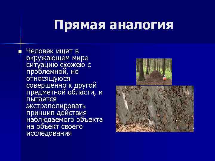 Прямая аналогия n Человек ищет в окружающем мире ситуацию схожею с проблемной, но относящуюся