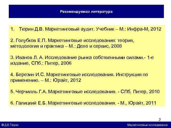 Рекомендуемая литература 1. Тюрин Д. В. Маркетинговый аудит. Учебник – М. : Инфра-М, 2012