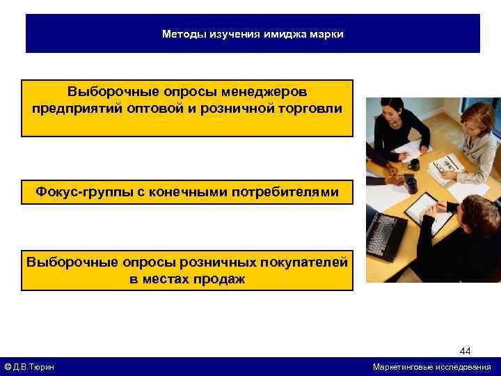 Методы изучения имиджа марки Выборочные опросы менеджеров предприятий оптовой и розничной торговли Фокус-группы с