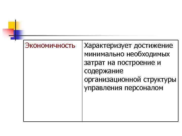 Экономичность Характеризует достижение минимально необходимых затрат на построение и содержание организационной структуры управления персоналом