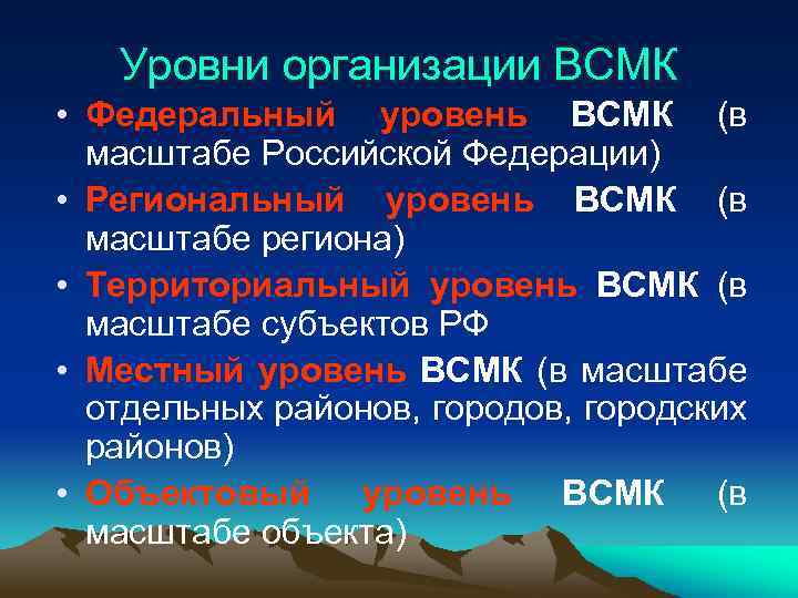 Уровни организации ВСМК • Федеральный уровень ВСМК (в масштабе Российской Федерации) • Региональный уровень