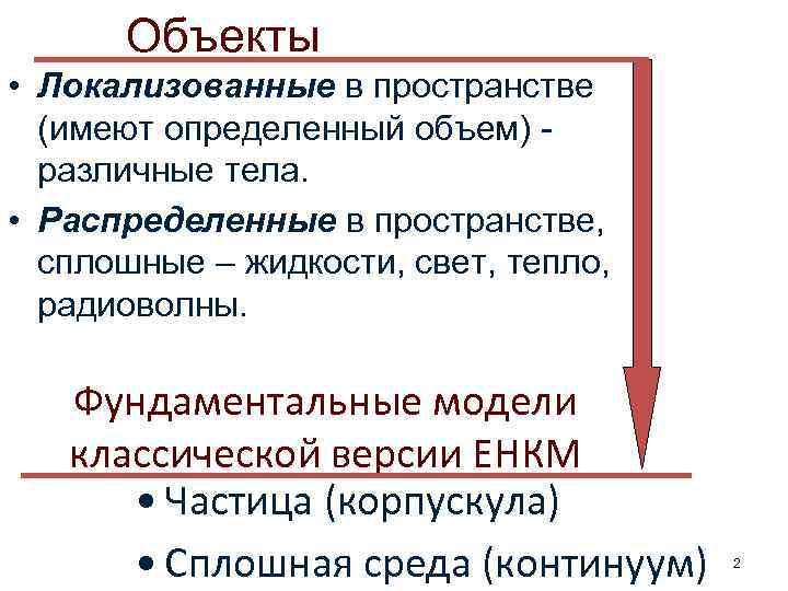 Объекты • Локализованные в пространстве (имеют определенный объем) различные тела. • Распределенные в пространстве,