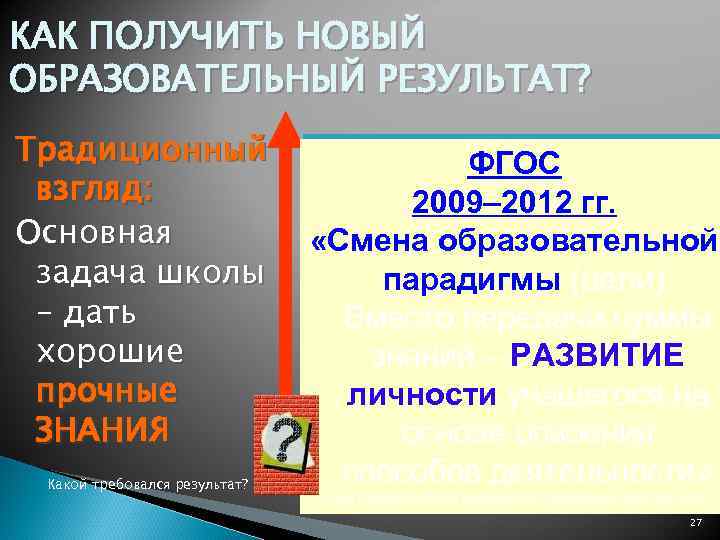 КАК ПОЛУЧИТЬ НОВЫЙ ОБРАЗОВАТЕЛЬНЫЙ РЕЗУЛЬТАТ? Традиционный взгляд: Основная задача школы – дать хорошие прочные