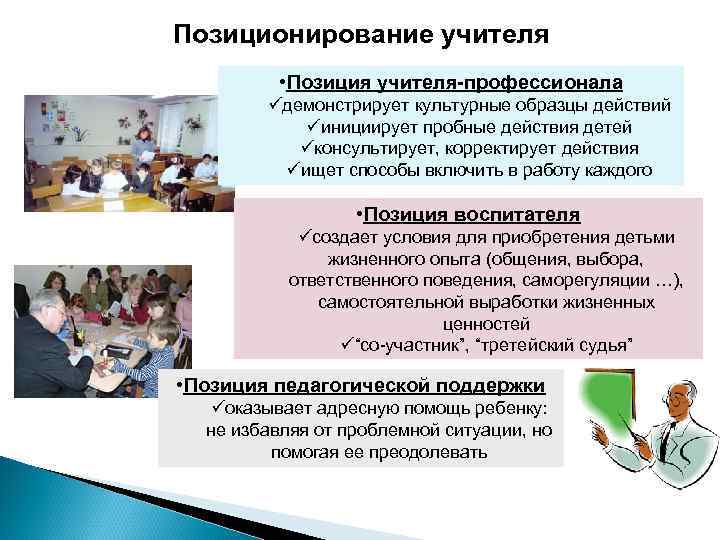 Позиционирование учителя • Позиция учителя-профессионала üдемонстрирует культурные образцы действий üинициирует пробные действия детей üконсультирует,