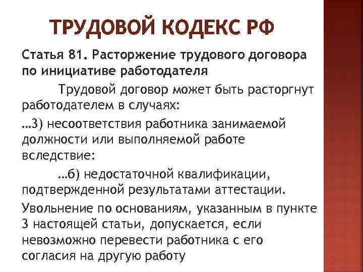 ТРУДОВОЙ КОДЕКС РФ Статья 81. Расторжение трудового договора по инициативе работодателя Трудовой договор может