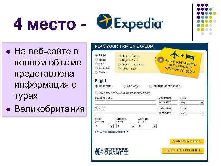 4 место - l l На веб-сайте в полном объеме представлена информация о турах