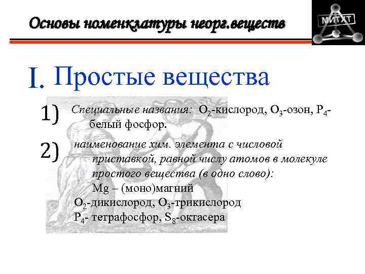 Основы номенклатуры неорг. веществ I. Простые вещества 1) Специальные названия: О 2 -кислород, О