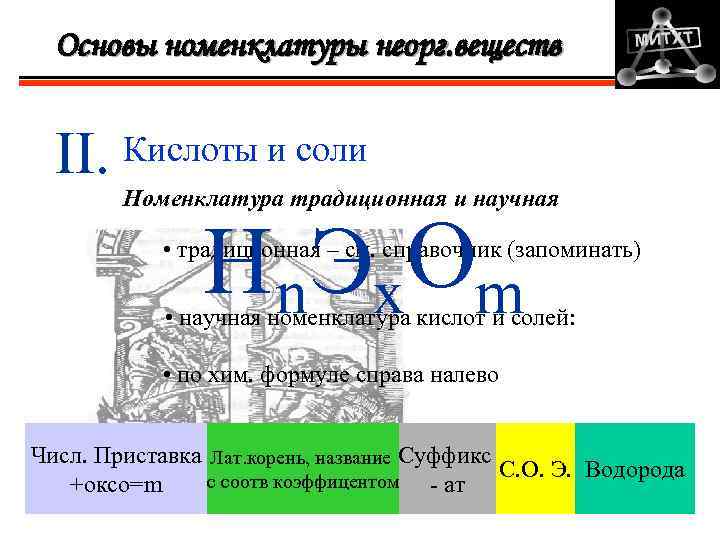 Основы номенклатуры неорг. веществ II. Кислоты и соли Номенклатура традиционная и научная H n.