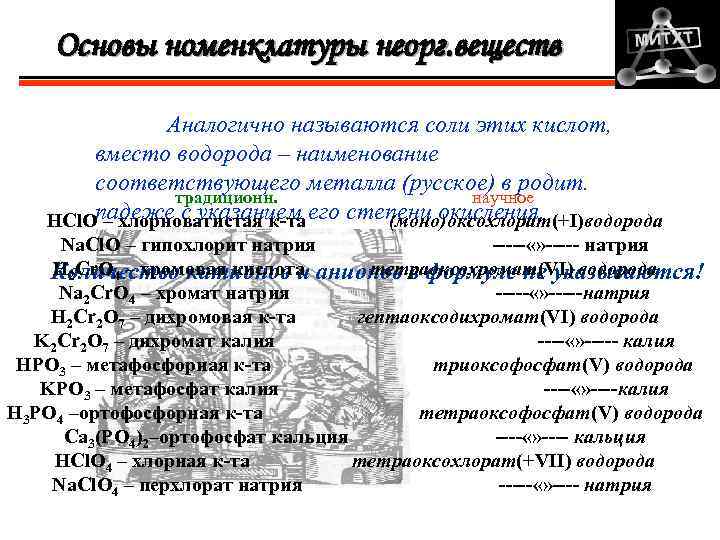 Основы номенклатуры неорг. веществ Аналогично называются соли этих кислот, вместо водорода – наименование соответствующего