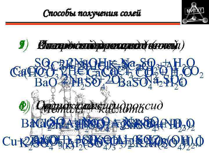 Способы получения солей 9) Разложение кислых соль 7) Соль + гидрооксид (к-та) 5) Оксид