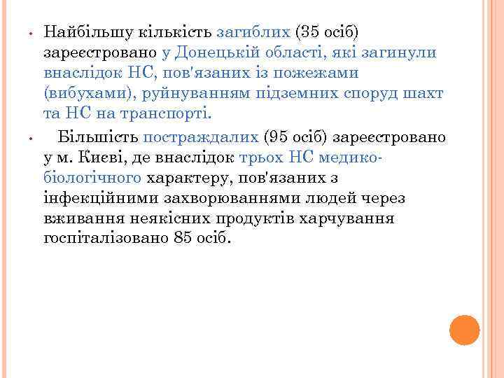  • • Найбільшу кількість загиблих (35 осіб) зареєстровано у Донецькій області, які загинули