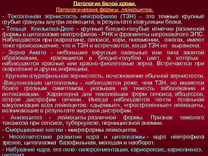 Патология белой крови. Патологические формы лейкоцитов. - Токсогенная зернистость нейтрофилов (ТЗН) – это темные