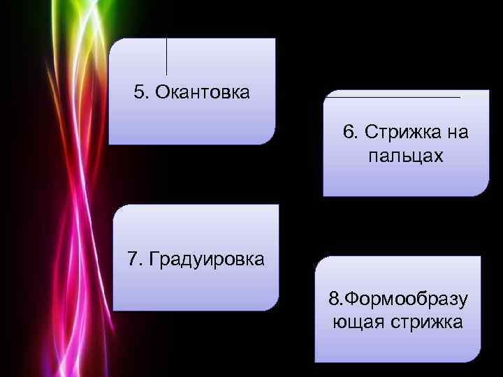 5. Окантовка 6. Стрижка на пальцах 7. Градуировка 8. Формообразу ющая стрижка Powerpoint Templates