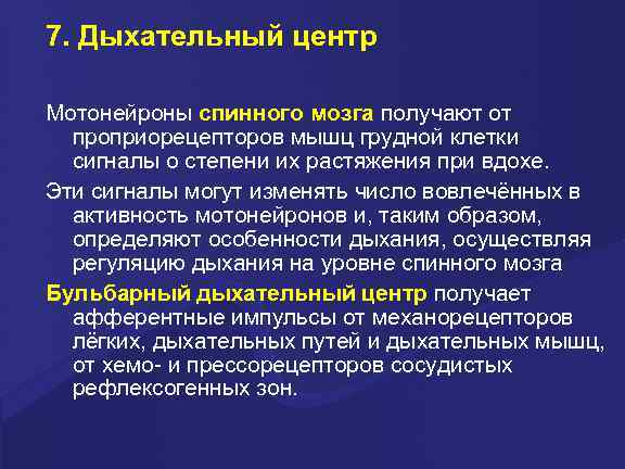 7. Дыхательный центр Мотонейроны спинного мозга получают от проприорецепторов мышц грудной клетки сигналы о