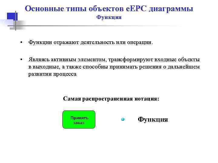 Основные типы объектов e. EPC диаграммы Функция • Функции отражают деятельность или операции. •