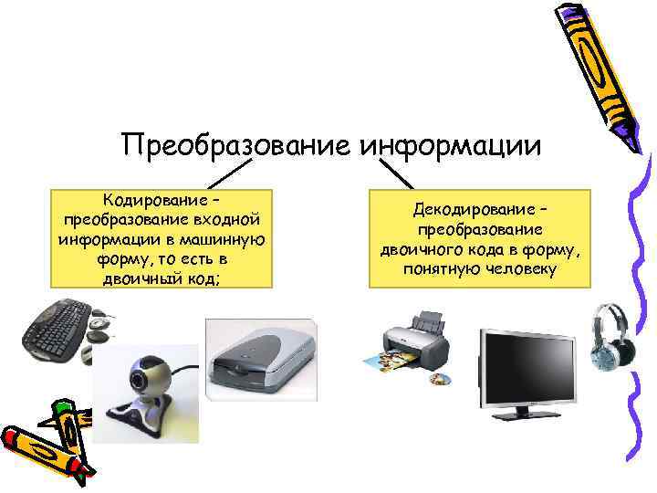 Преобразование информации Кодирование – преобразование входной информации в машинную форму, то есть в двоичный