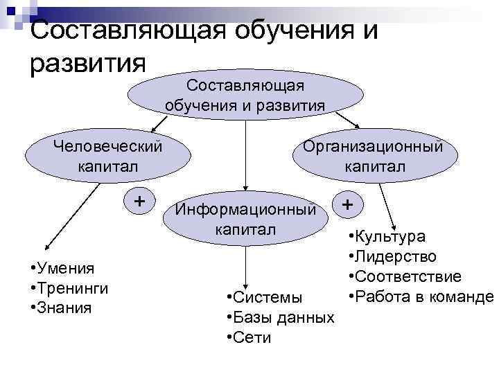 Составляющая обучения и развития Человеческий капитал + • Умения • Тренинги • Знания Организационный