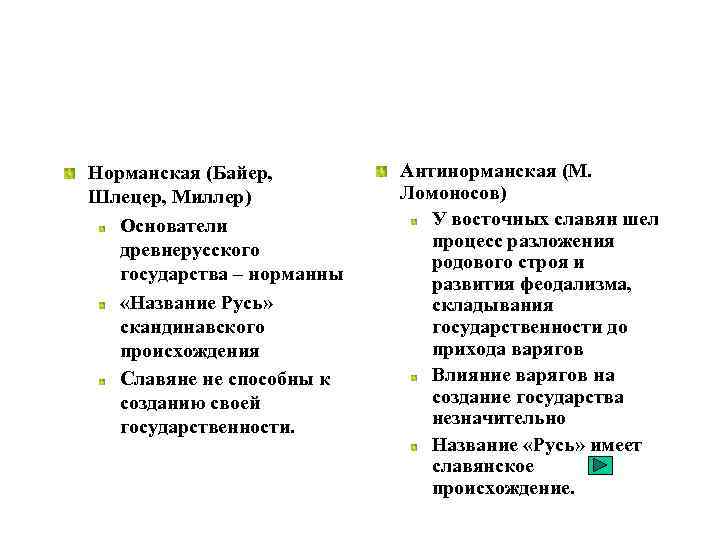 Норманская (Байер, Шлецер, Миллер) Основатели древнерусского государства – норманны «Название Русь» скандинавского происхождения Славяне