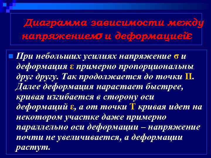 Диаграмма зависимости между напряжением и деформацией σ ε n При небольших усилиях напряжение σ