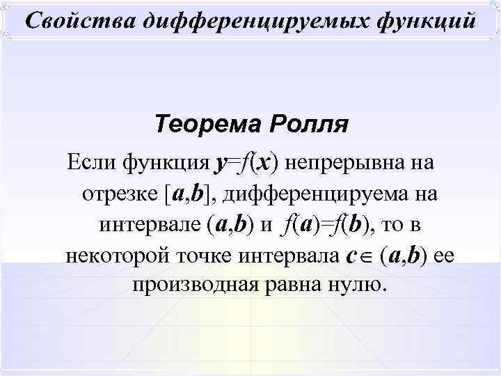 Теорема Ролля Если функция y=f(x) непрерывна на отрезке [a, b], дифференцируема на интервале (a,
