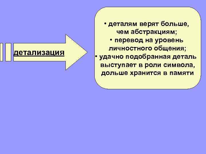 детализация • деталям верят больше, чем абстракциям; • перевод на уровень личностного общения; •