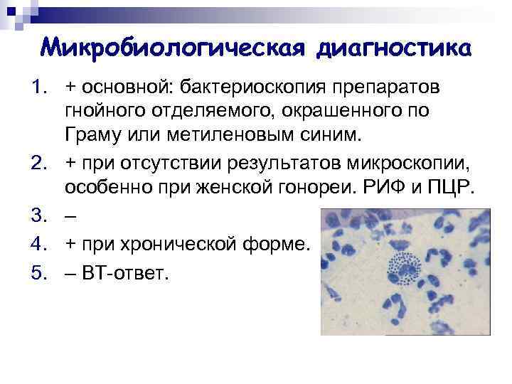 Микробиологическая диагностика 1. + основной: бактериоскопия препаратов гнойного отделяемого, окрашенного по Граму или метиленовым