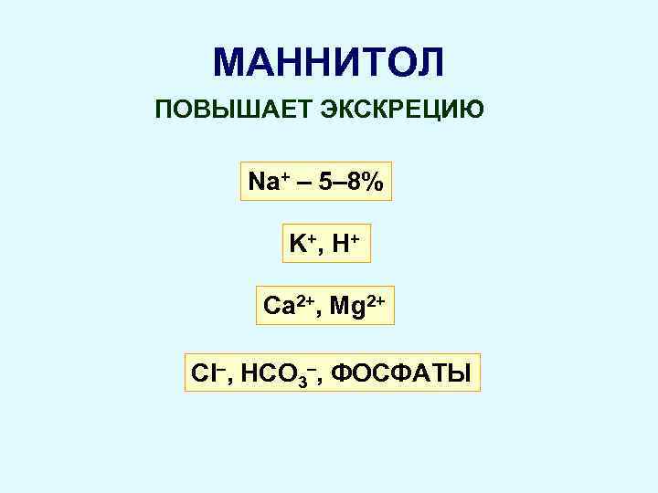 МАННИТОЛ ПОВЫШАЕТ ЭКСКРЕЦИЮ Na+ – 5– 8% K+, H+ Ca 2+, Mg 2+ Cl–,