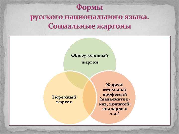 Формы русского национального языка. Социальные жаргоны Общеуголовный жаргон Тюремный жаргон Жаргон отдельных профессий (медвежатников,